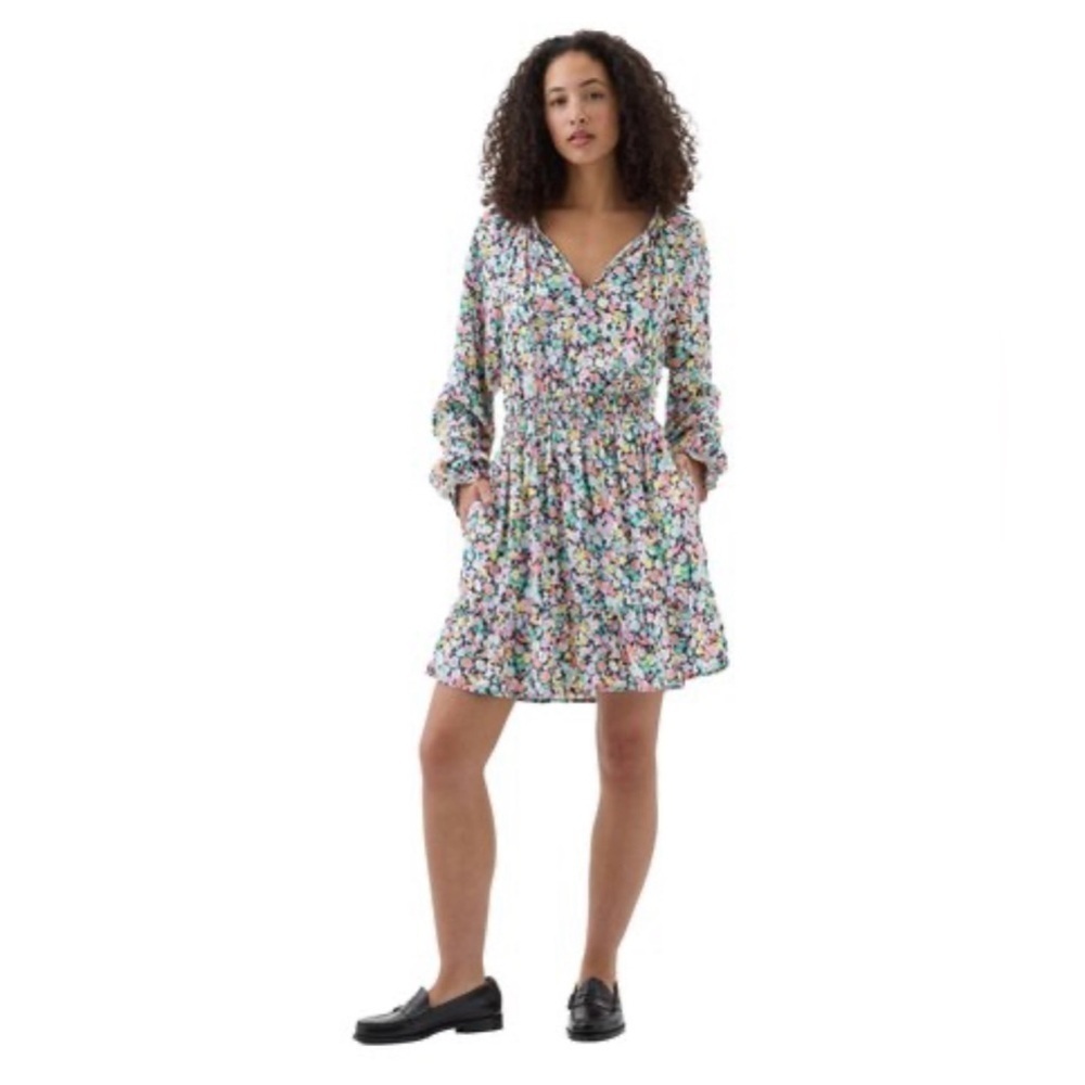 NWOT Gap Ditsy Floral Smocked Waist Split Neck Long Sleeve Mini Dress XS